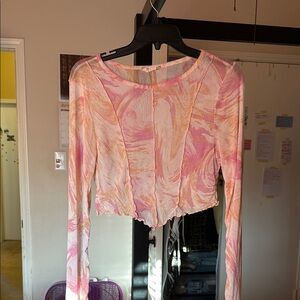 Altar'd State Pink and White Long Sleeve Tie Front Crop Blouse
